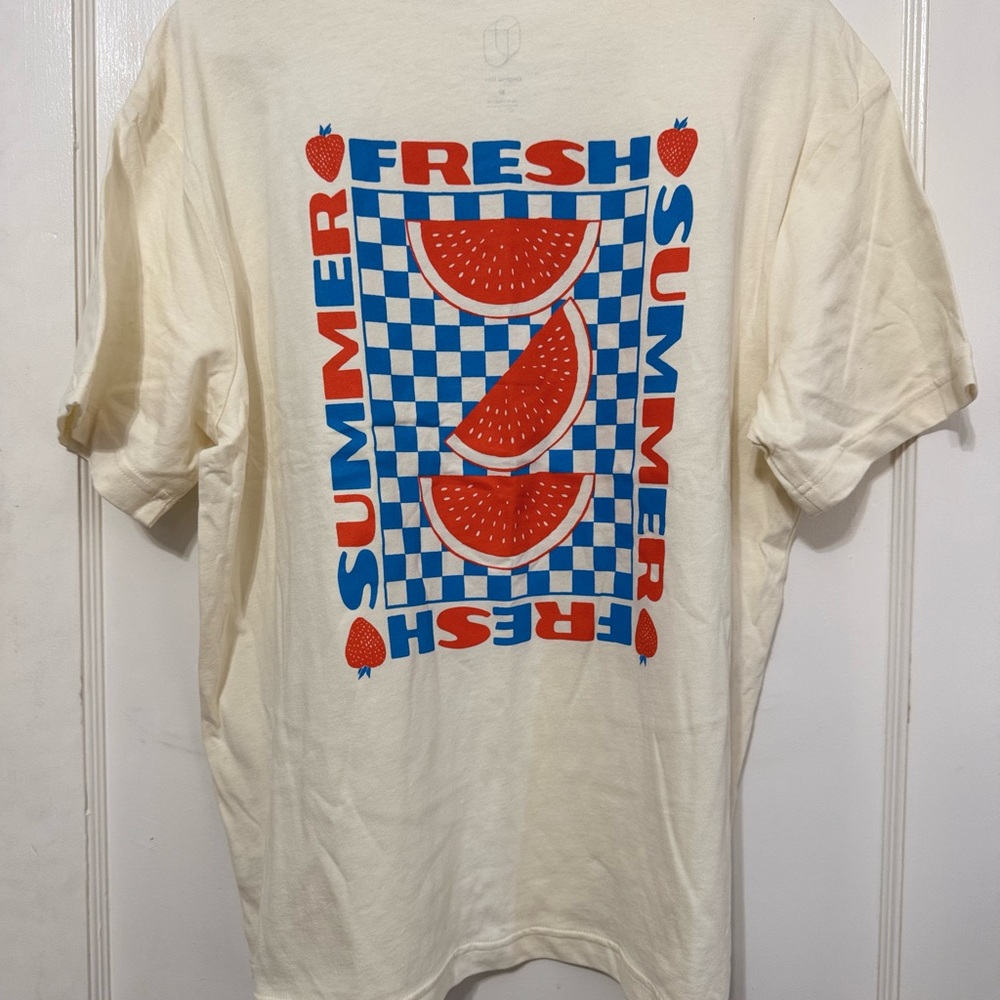 Original Use Cream Tee with Red and Blue Summer Graphic